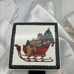 Pimpernel "Santa's Sleigh" cork-backed square coasters, a set of 6.